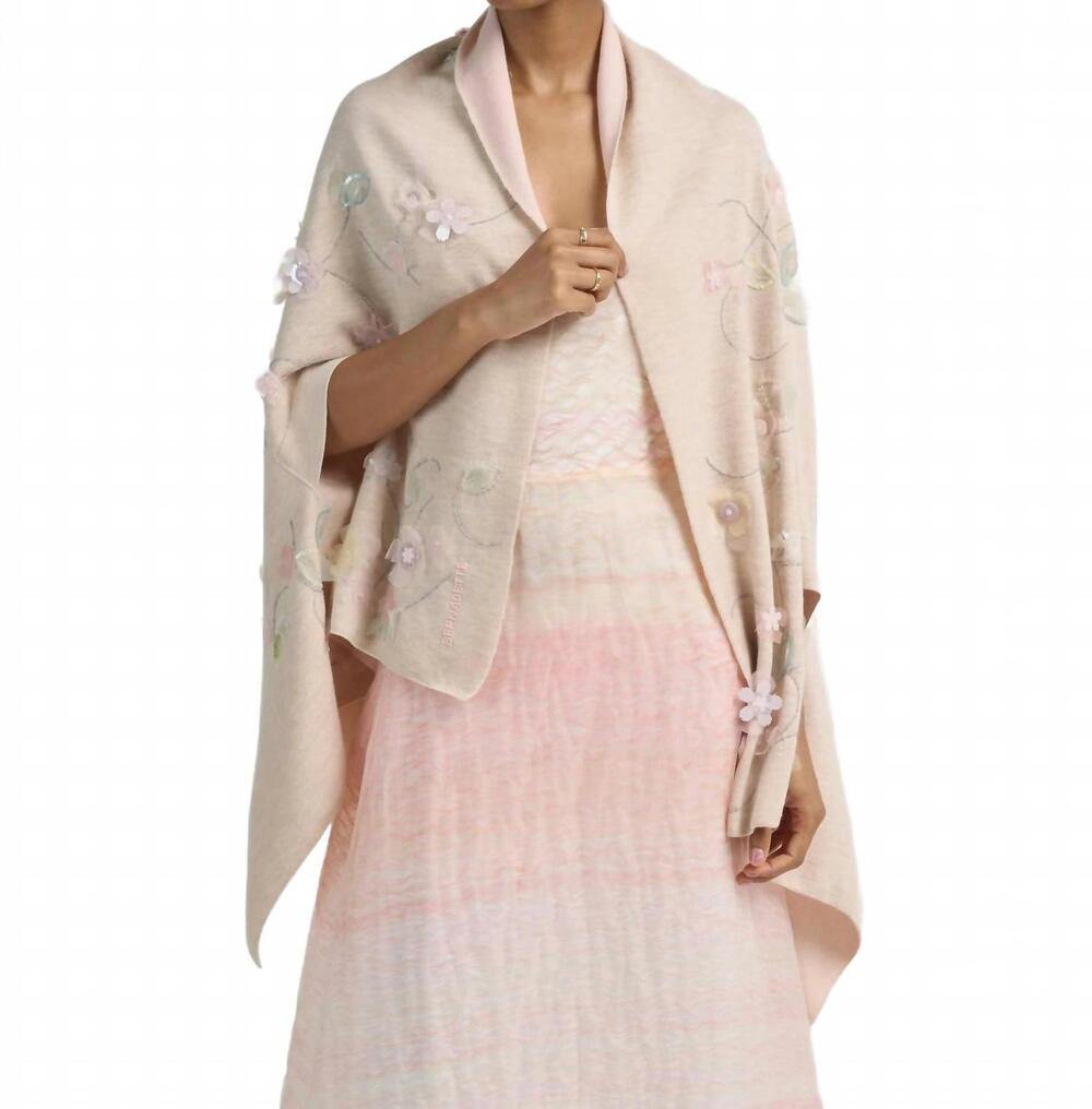 NEW BERNADETTE double face embroidered shawl in pale pink/ beige